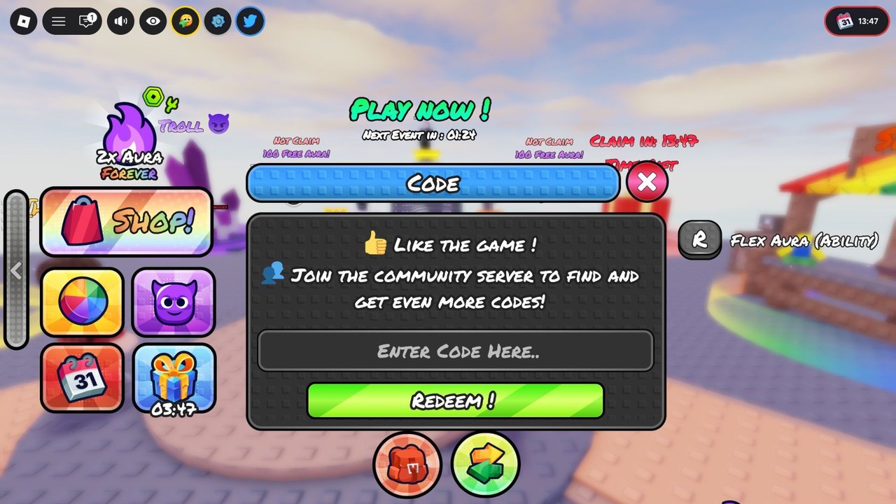 In-game Phonk Slap HUD showing the Codes window, Shop, 2x Aura Forever, Flex Aura on R, and the colorful island arena behind the menu.